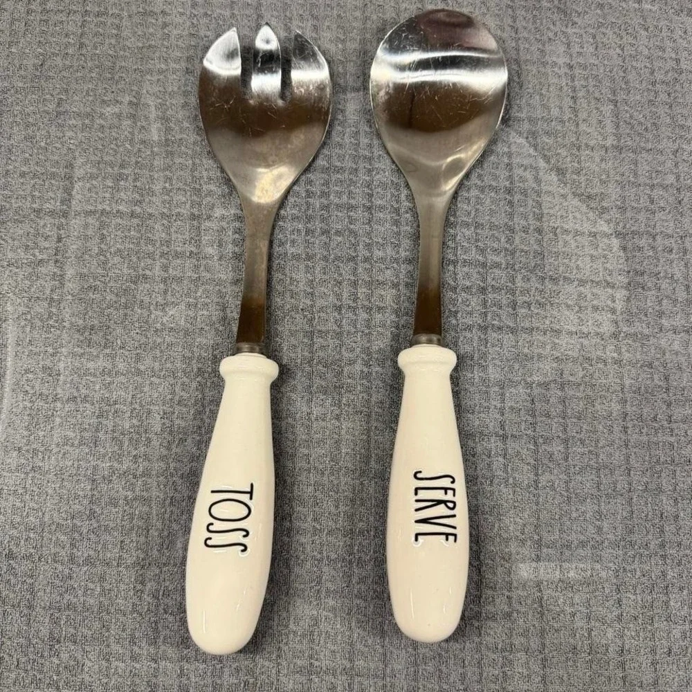 Rae Dunn Toss Serve Salad Serving Utensils White Ceramic Handle Farmhouse